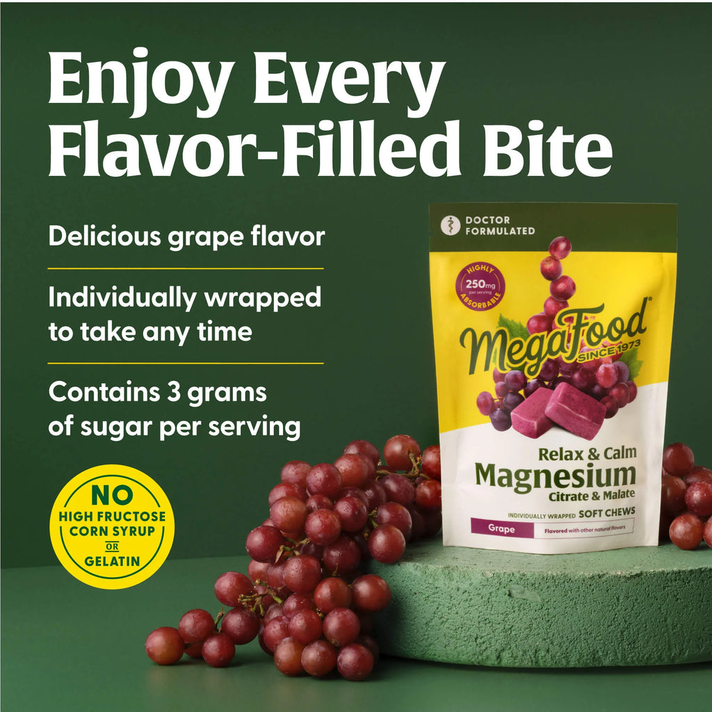 MegaFood magnesium chewable packaging with grapes on a green background